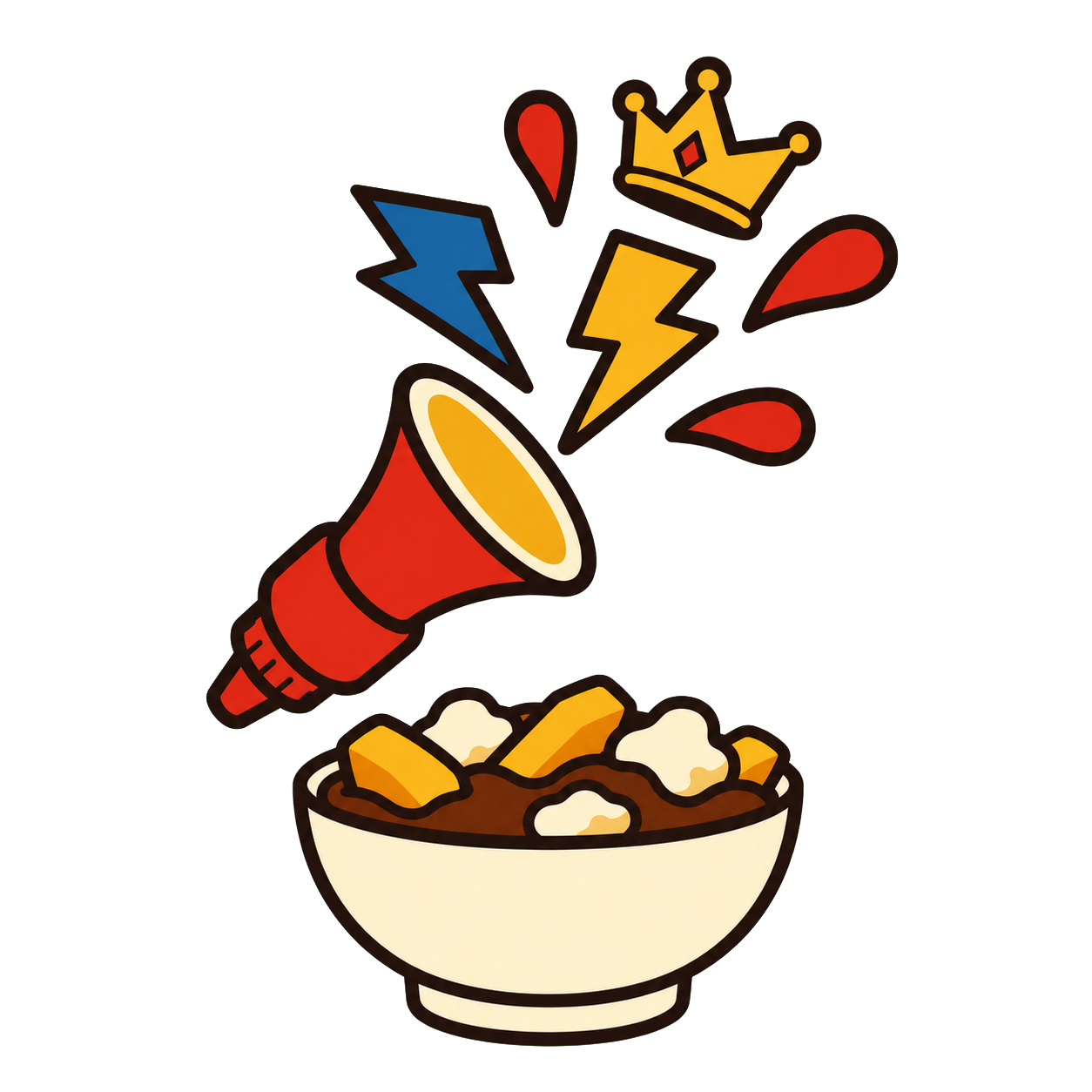 A sauce bottle amplifying a poutine with lightning and a crown