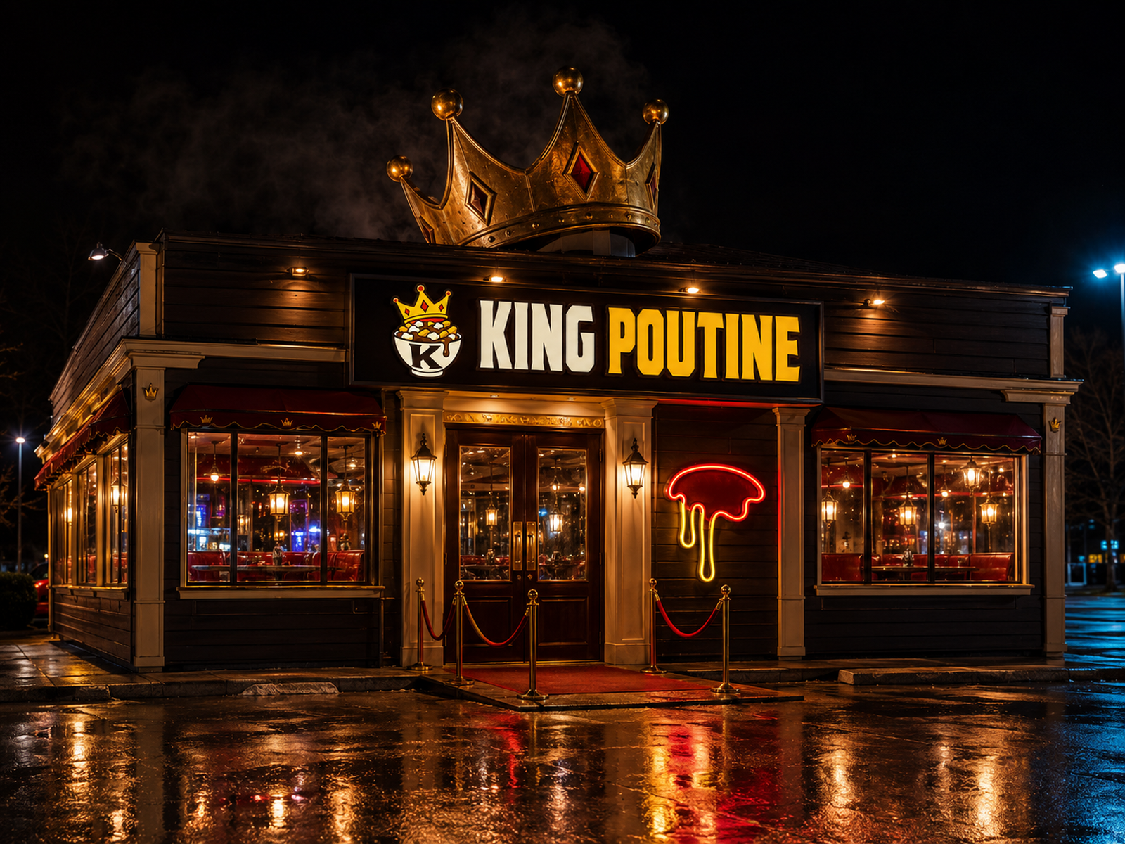 King Poutine restaurant glowing at night with a giant crown on the roof