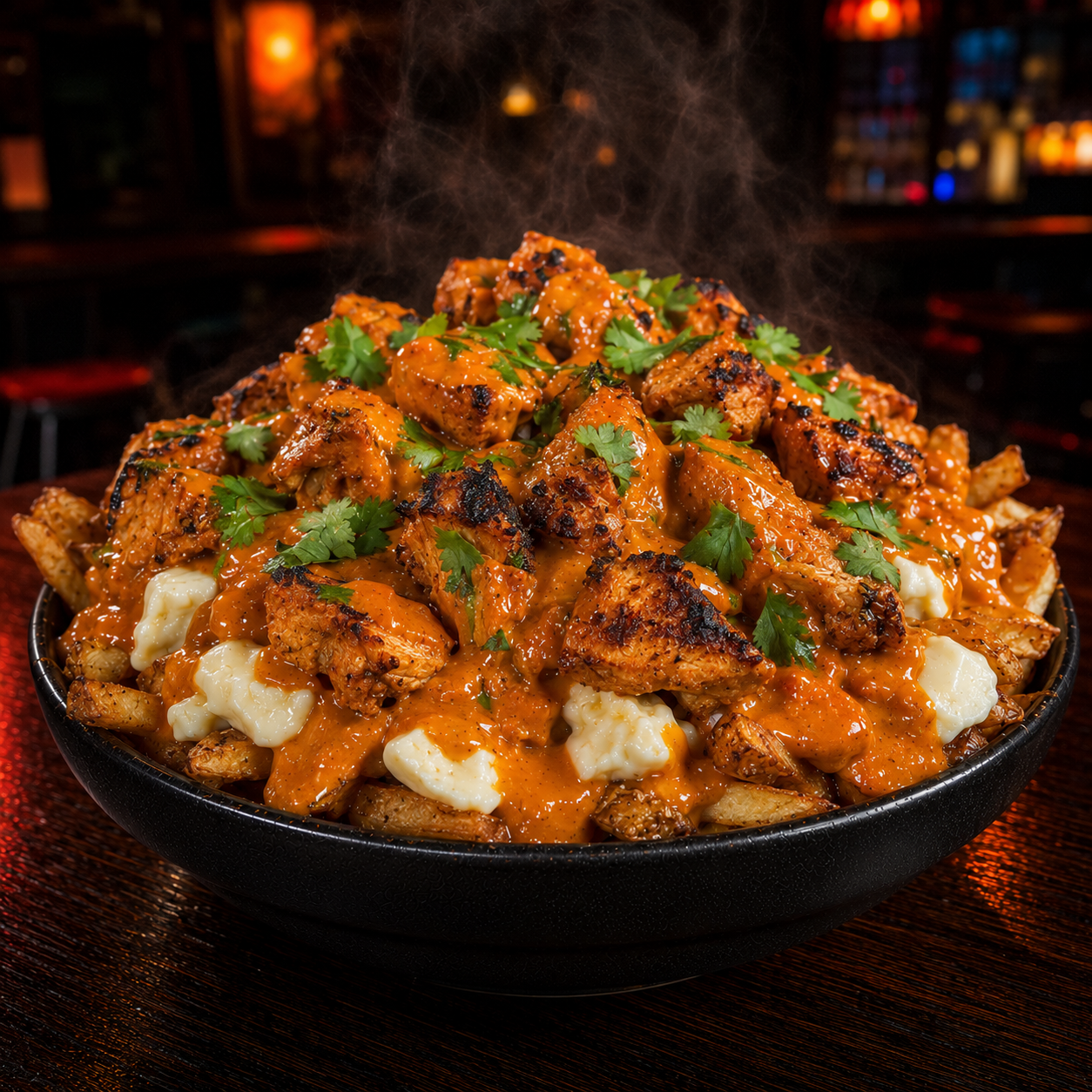 Butter chicken poutine topped with cilantro