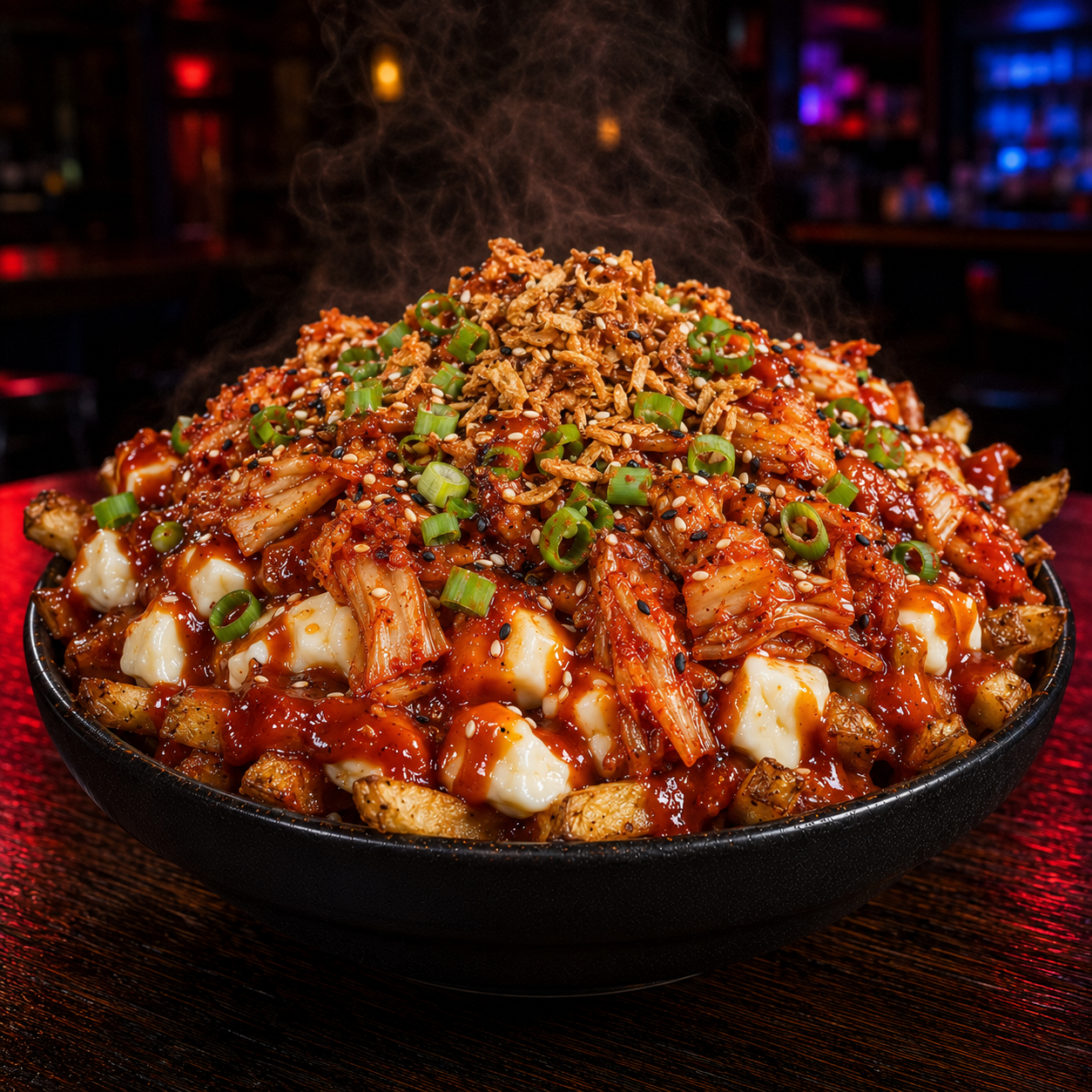 Spicy kimchi poutine with sesame and scallions
