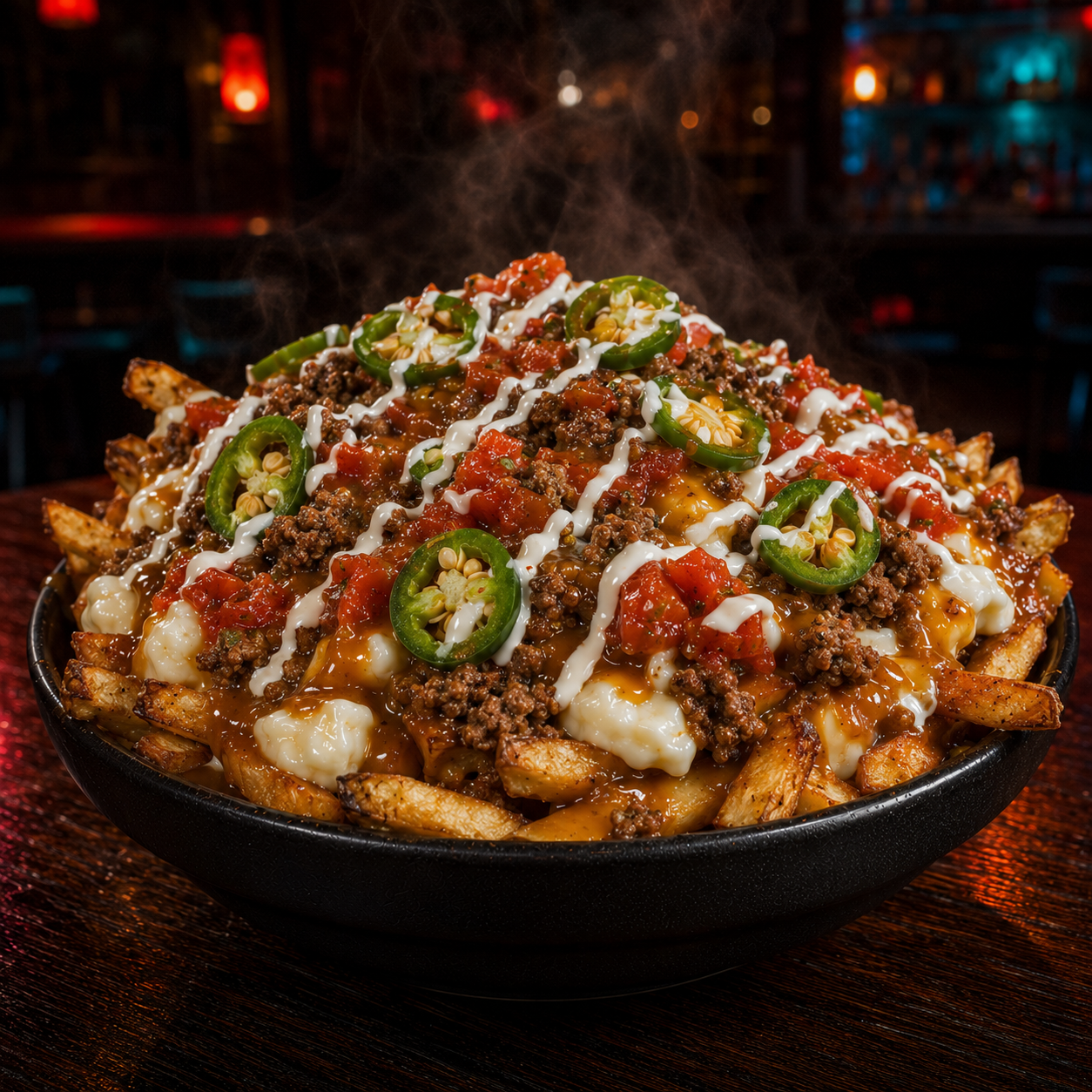 Beef poutine with salsa, crema, and jalapenos