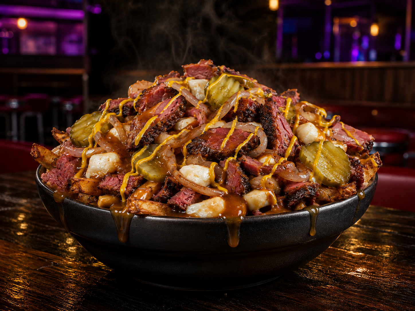 Smoked-meat poutine topped with pickles, onions, and mustard