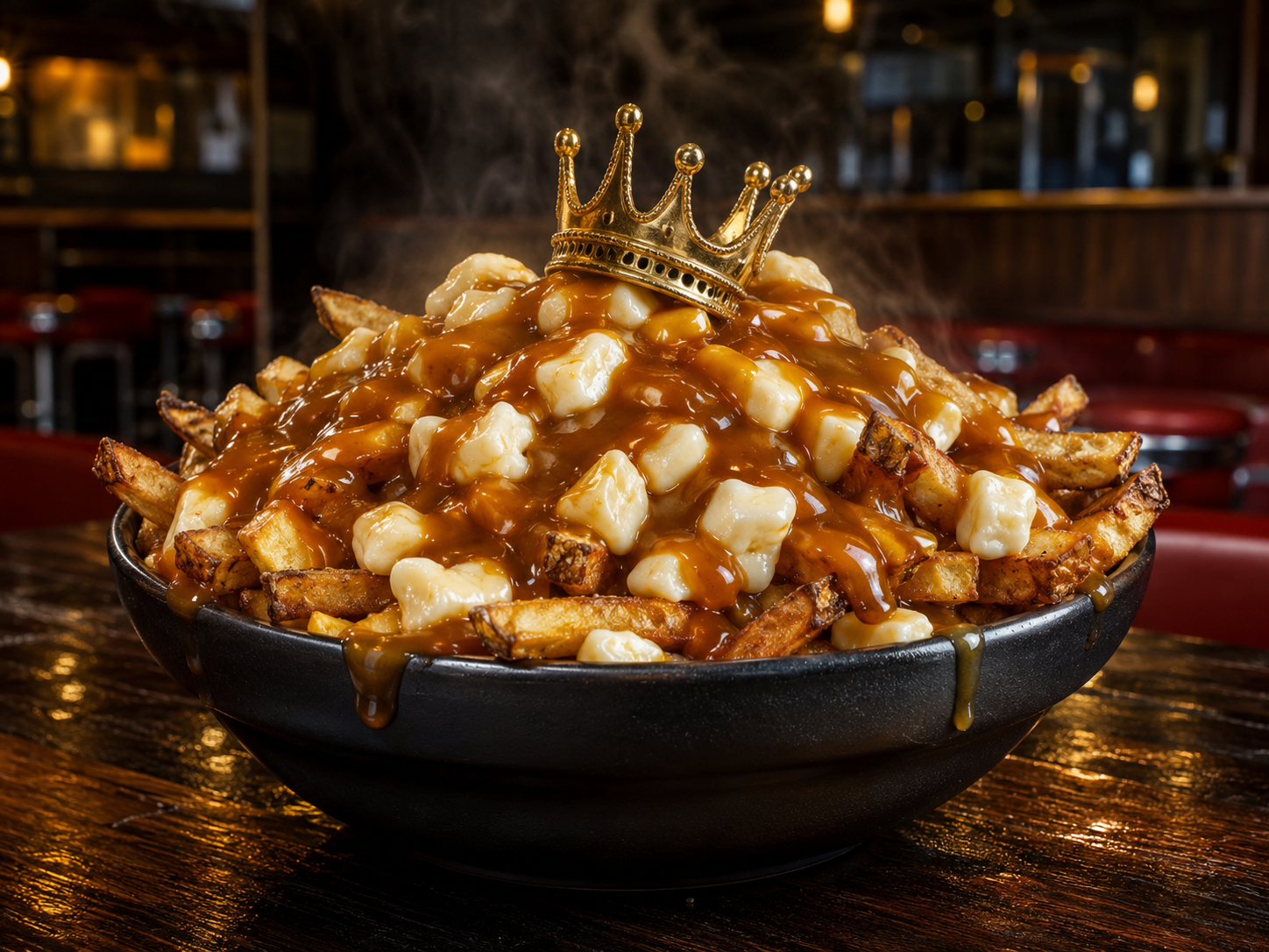 Classic poutine piled with fries, cheese curds, gravy, and a gold crown