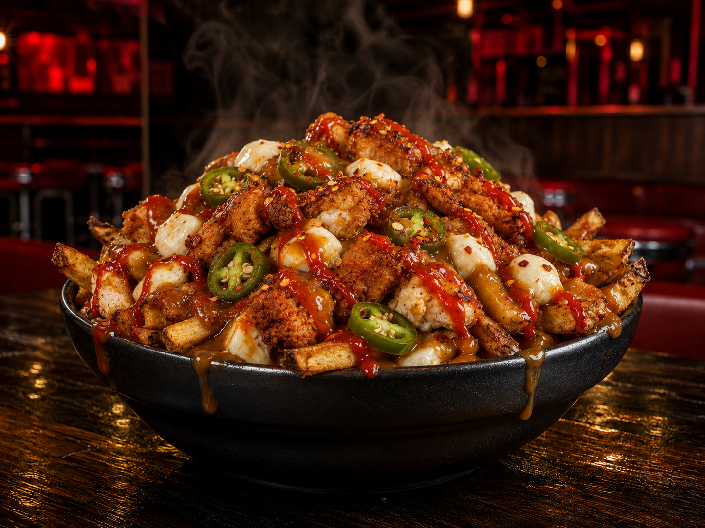Spicy chicken poutine topped with jalapenos and hot sauce